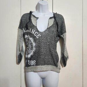 Y2K Daytrip Grey Distressed Knit Graphic Hoodie Small Raw Hem V-Neck Pullover